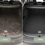 Comparatif avant après du coffre d'une voiture nettoyé avec le gant anti poils d'animaux réutilisable Monvelin pour enlever les poils de chat et de chien.