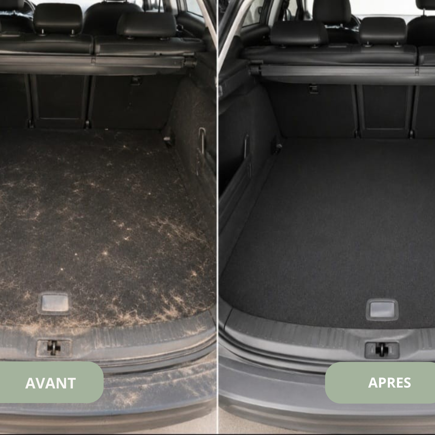 Comparatif avant après du coffre d'une voiture nettoyé avec le gant anti poils d'animaux réutilisable Monvelin pour enlever les poils de chat et de chien.