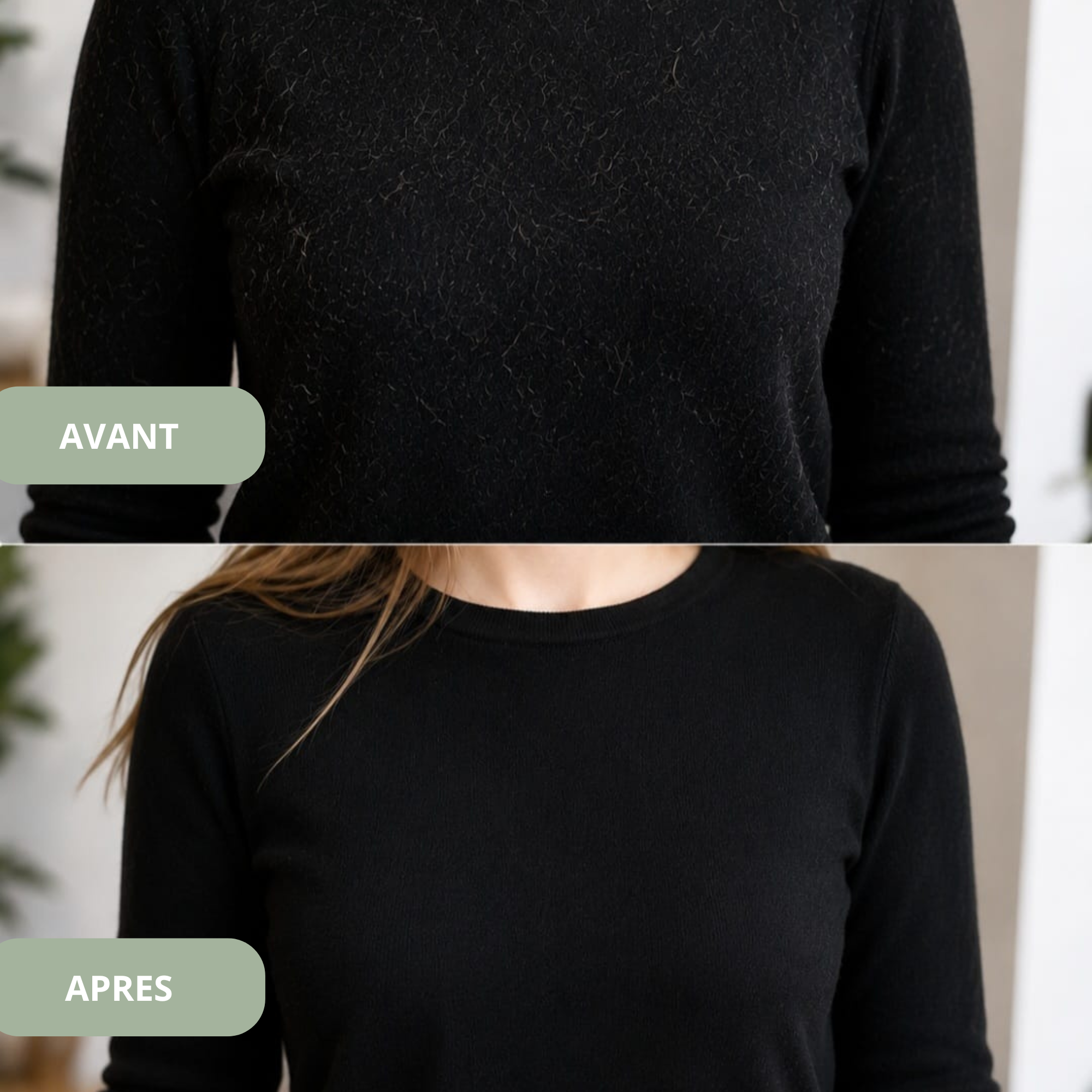 Avant après d'un vêtement noir nettoyé avec le gant anti poils d'animaux réutilisable Monvelin pour enlever les poils de chat et chien.
